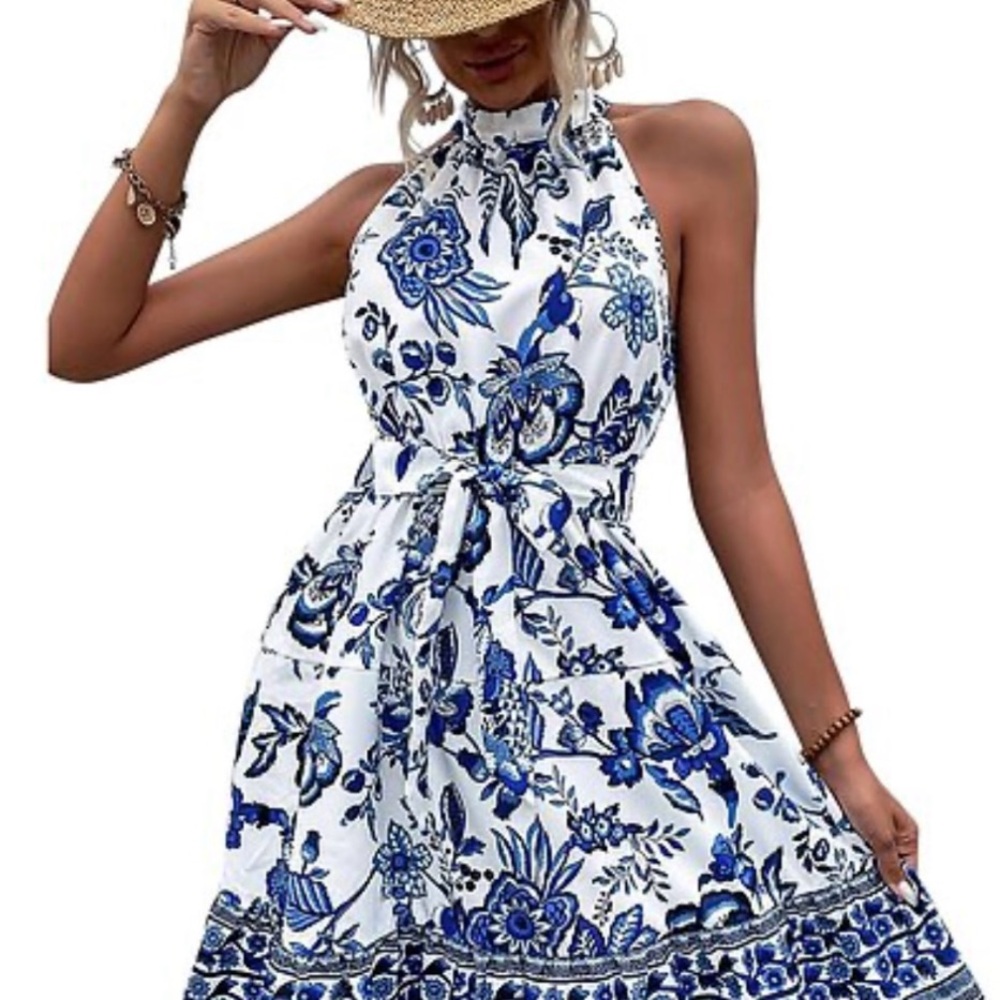 Orniya Floral Halter Neck Dress in Blue and White